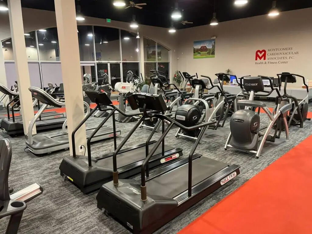 The Montgomery Cardiovascular Associates fitness center showing the exercise bikes, elliptical machines and treadmills