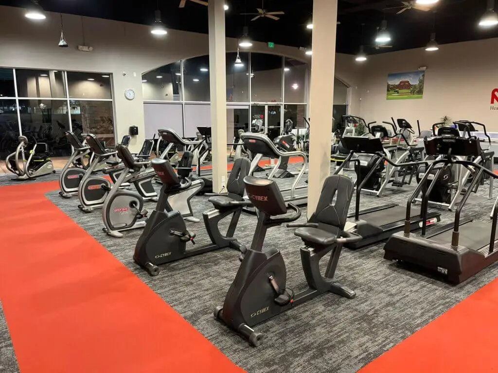 The Montgomery Cardiovascular Associates fitness center showing the exercise bikes, elliptical machines and treadmills