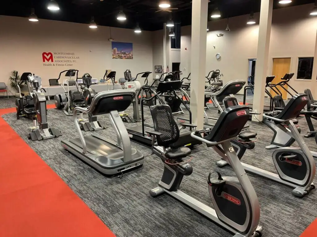 The Montgomery Cardiovascular Associates fitness center showing the exercise bikes, elliptical machines and treadmills