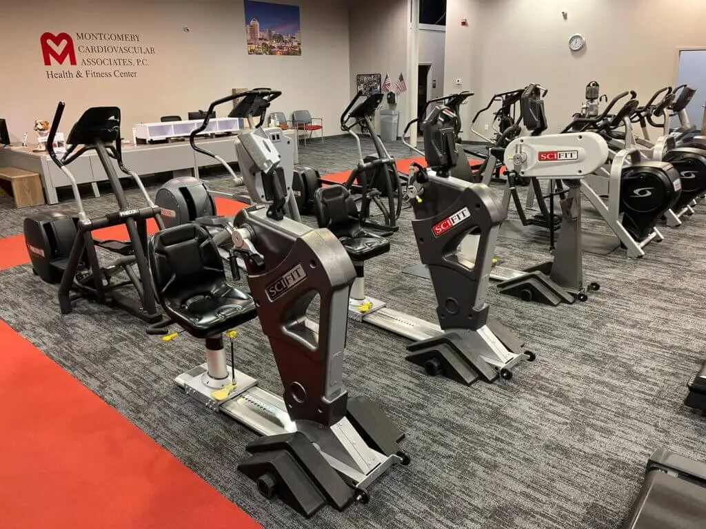 The Montgomery Cardiovascular Associates fitness center showing the exercise bikes and check in desk